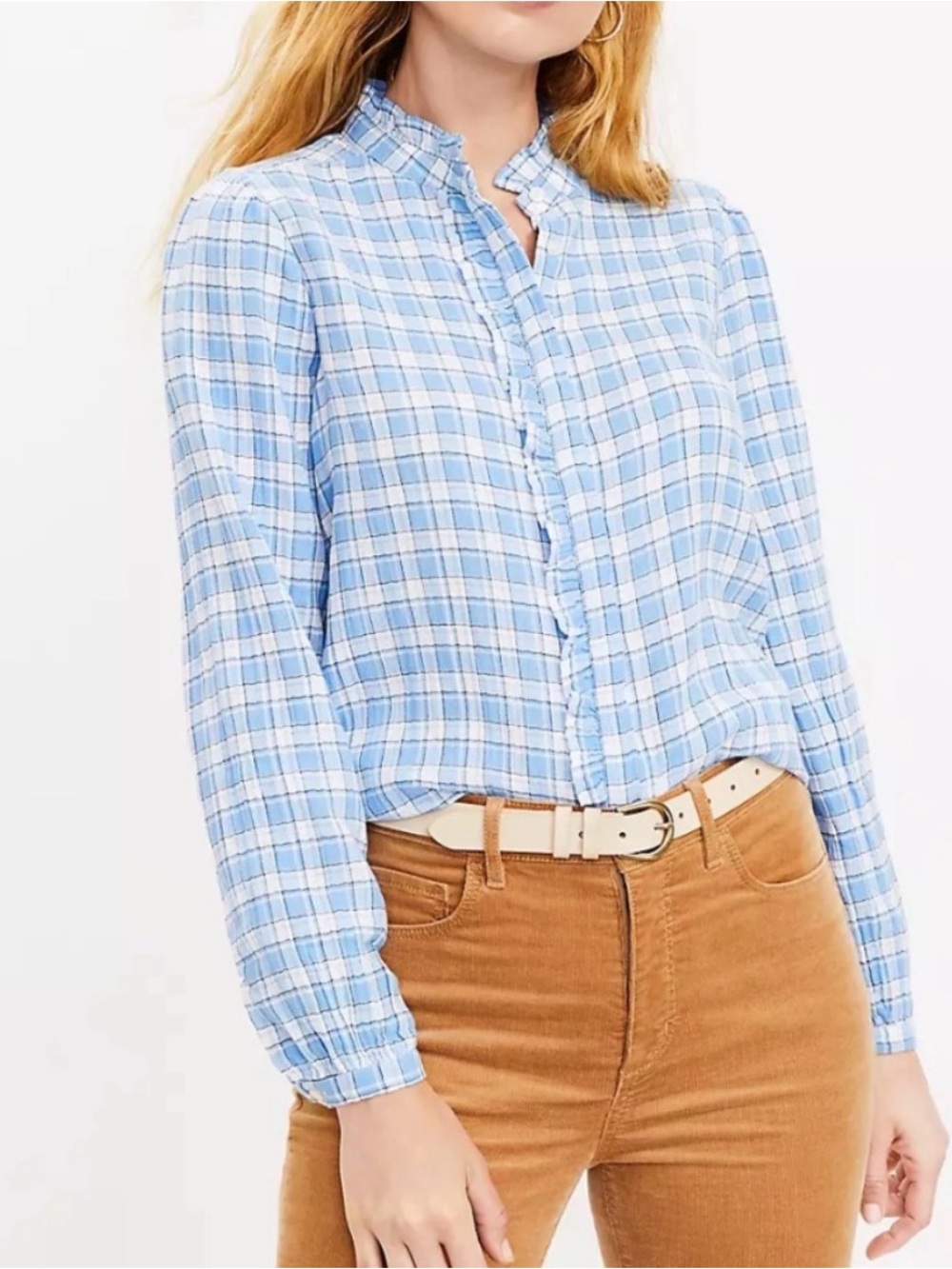 LOFT Plaid Ruffle Button Up Blouse